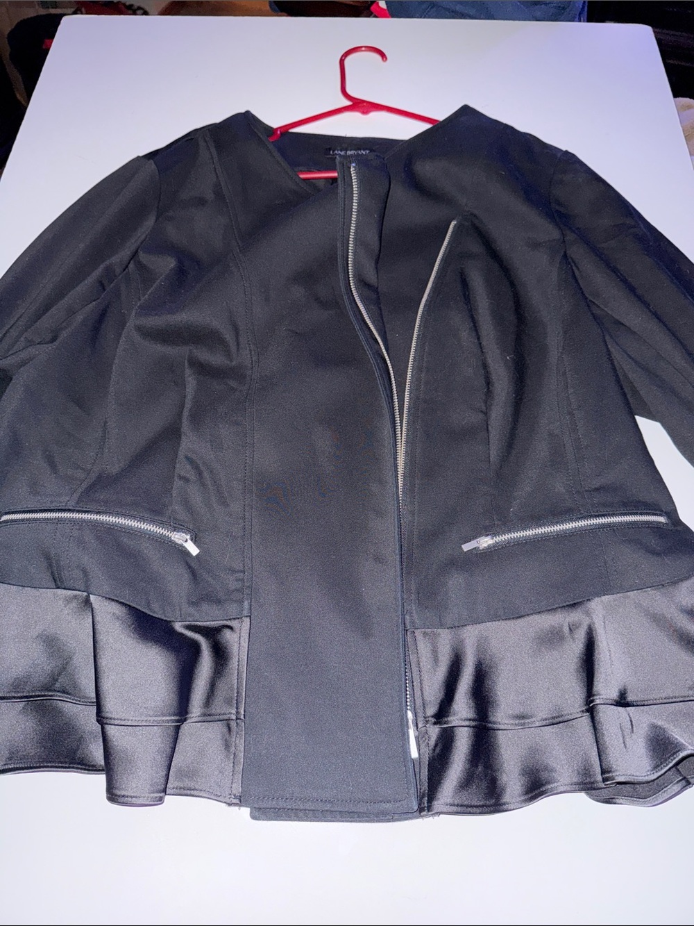 Lane Bryant Black Asymmetric Zip Jacket with Satin Peplum